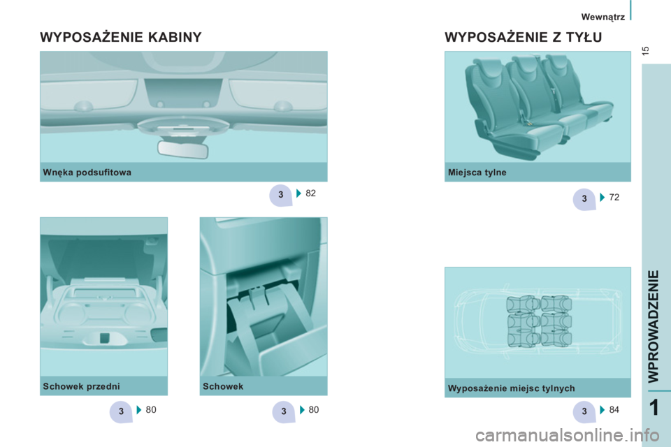 CITROEN JUMPER MULTISPACE 2013  Instrukcja obsługi (in Polish) 33
3
3
3
 15
   
 
Wewnątrz
WPROWADZENI
E
1
 
 
Wnęka podsufitowa 
  82  
 
 
WYPOSAŻENIE KABINY 
 
 
Schowek przedni 
  80   80  
     
Schowek    
Miejsca tylne 
  72  
   
Wyposażenie miejsc ty