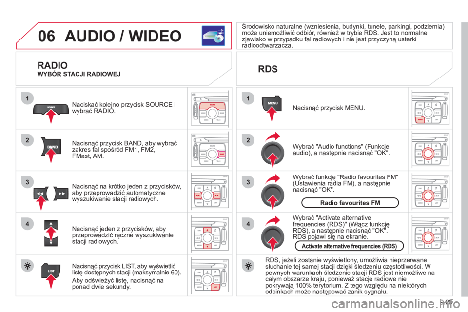 CITROEN JUMPER MULTISPACE 2013  Instrukcja obsługi (in Polish) 9.25
06
1
2
4
3
1
2
4
3
AUDIO / WIDEO 
   
RADIO 
Nacisnąć przycisk BAND, aby wybrać 
zakres fal spośród FM1, FM2,FMast, AM. Naciskać kole
jno przycisk SOURCE i 
wybrać RADIO.
Nacisnąć przyci