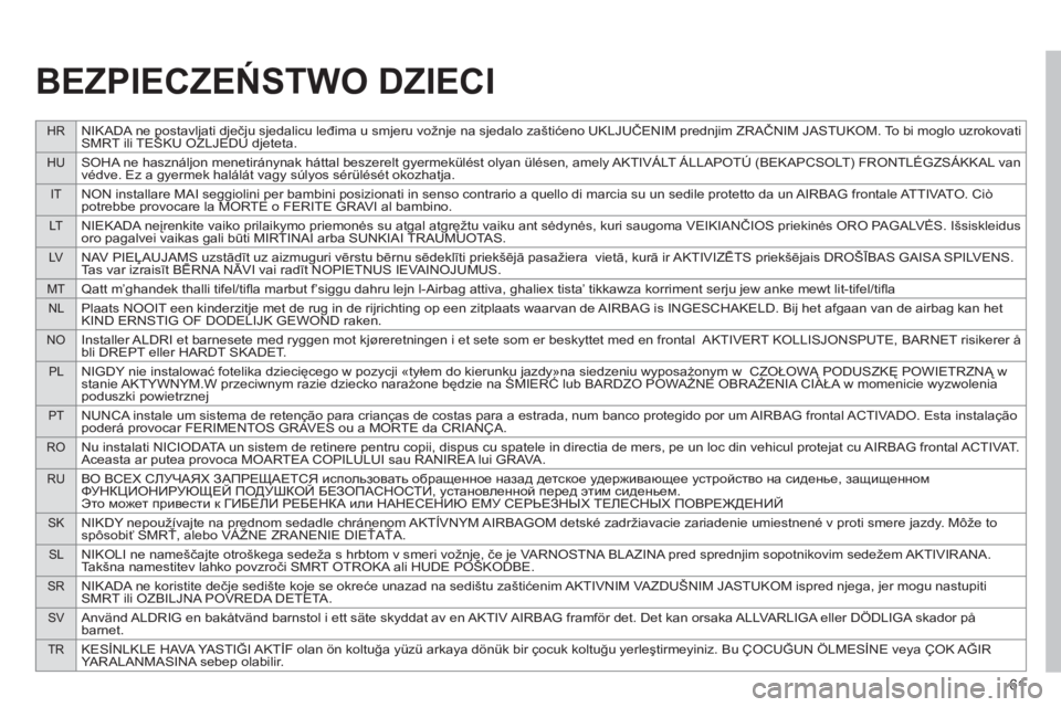 CITROEN JUMPER MULTISPACE 2013 Instrukcja obsługi (in Polish) 61
HRNIKADA ne postavljati dječju sjedalicu leđima u smjeru vožnje na sjedalo zaštićeno UKLJUČENIM prednjim ZRAČNIM JASTUKOM. To bi moglo uzrokovati
SMRT ili TEŠKU OZLJEDU djeteta.
HUSOHA ne CITROEN JUMPER MULTISPACE 2013 Instrukcja obsługi (in Polish) 61
HRNIKADA ne postavljati dječju sjedalicu leđima u smjeru vožnje na sjedalo zaštićeno UKLJUČENIM prednjim ZRAČNIM JASTUKOM. To bi moglo uzrokovati
SMRT ili TEŠKU OZLJEDU djeteta.
HUSOHA ne