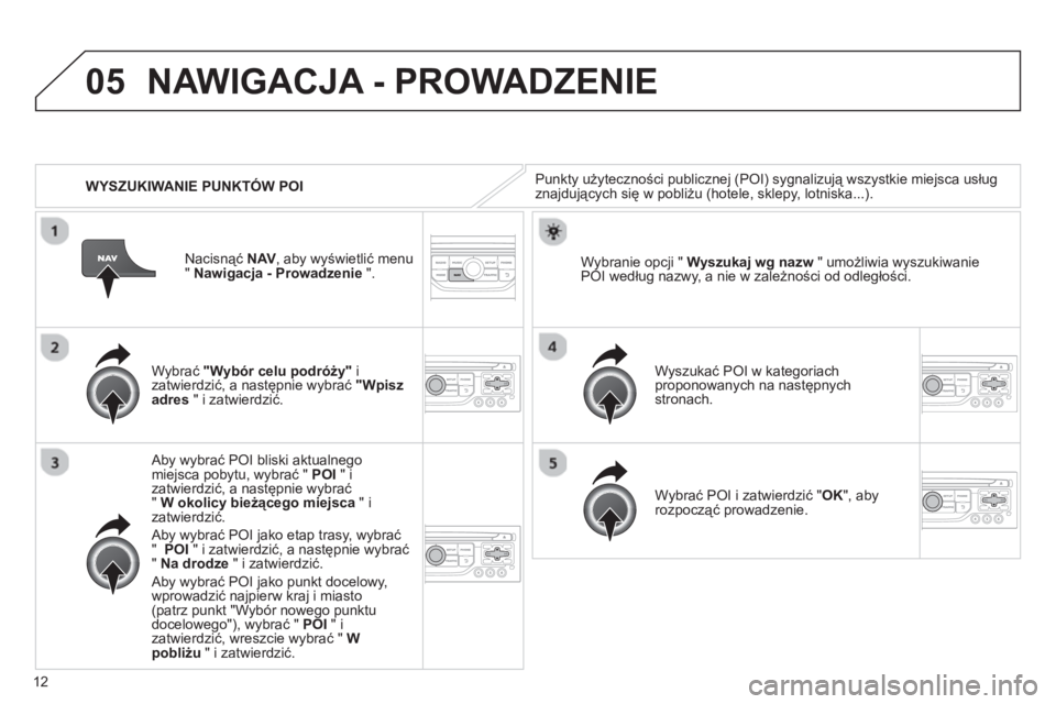CITROEN JUMPER MULTISPACE 2013 Instrukcja obsługi (in Polish) 12
05
WYSZUKIWANIE PUNKTÓW POI
NAWIGACJA - PROWADZENIE
Punkty użyteczności publicznej (POI) sygnalizują wszystkie miejsca usług
znajdujących się w pobliżu (hotele, sklepy, lotniska...) CITROEN JUMPER MULTISPACE 2013 Instrukcja obsługi (in Polish) 12
05
WYSZUKIWANIE PUNKTÓW POI
NAWIGACJA - PROWADZENIE
Punkty użyteczności publicznej (POI) sygnalizują wszystkie miejsca usług
znajdujących się w pobliżu (hotele, sklepy, lotniska...)