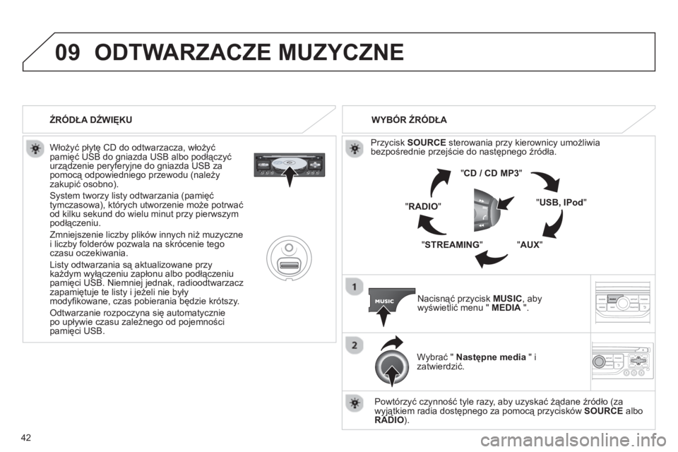 CITROEN JUMPER MULTISPACE 2013 Instrukcja obsługi (in Polish) 42
09ODTWARZACZE MUZYCZNE
Włożyć płytę CD do odtwarzacza, włożyć pamięć USB do gniazda USB albo podłączyć
urządzenie peryferyjne do gniazda USB za pomocą odpowiedniego przewodu (n CITROEN JUMPER MULTISPACE 2013 Instrukcja obsługi (in Polish) 42
09ODTWARZACZE MUZYCZNE
Włożyć płytę CD do odtwarzacza, włożyć pamięć USB do gniazda USB albo podłączyć
urządzenie peryferyjne do gniazda USB za pomocą odpowiedniego przewodu (n