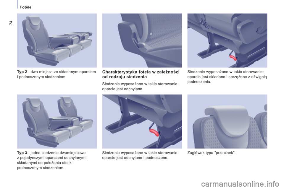 CITROEN JUMPER MULTISPACE 2013  Instrukcja obsługi (in Polish) 74
   
 
Fotele 
   
Typ 2  
: dwa miejsca ze składanym oparciem 
i podnoszonym siedzeniem. 
   
Typ 3  
: jedno siedzenie dwumiejscowe 
z pojedynczymi oparciami odchylanymi, 
składanymi do położe