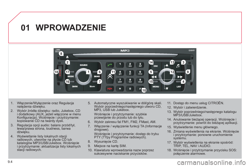 CITROEN JUMPER MULTISPACE 2012  Instrukcja obsługi (in Polish) 9.4
01
2
8
16
18 17
71114 3
59
4 1512 13
61
10
WPROWADZENIE
1.  Włączenie/Wyłączenie oraz Regulacja natężenia dźwięku. 
2.  Wybór źródła dźwięku: radio, Jukebox, CD i dodatkowy (AUX, je�