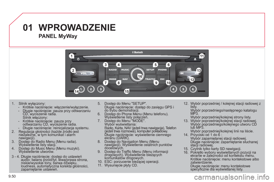 CITROEN JUMPER MULTISPACE 2012  Instrukcja obsługi (in Polish) 9.50
01
11
55
101
22
334466
131
111
99
144155
77881212161
1.  Silnik wyłączony:  - Krótkie naciśnięcie: włączenie/wyłączenie. - Długie naciśnięcie: pauza przy odtwarzaniu CD, wyciszenie ra