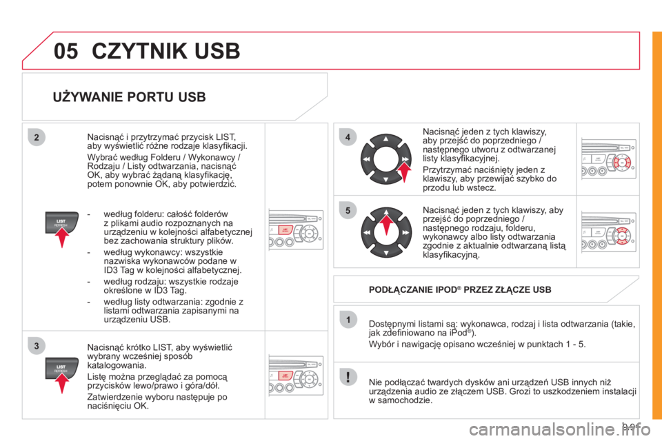 CITROEN JUMPER MULTISPACE 2012  Instrukcja obsługi (in Polish) 9.91
05
42
3
1
5
CZYTNIK USB
   
UŻYWANIE PORTU USB 
 
 
Nacisnąć krótko LIST, aby wyświetlić
wybrany wcześniej spos