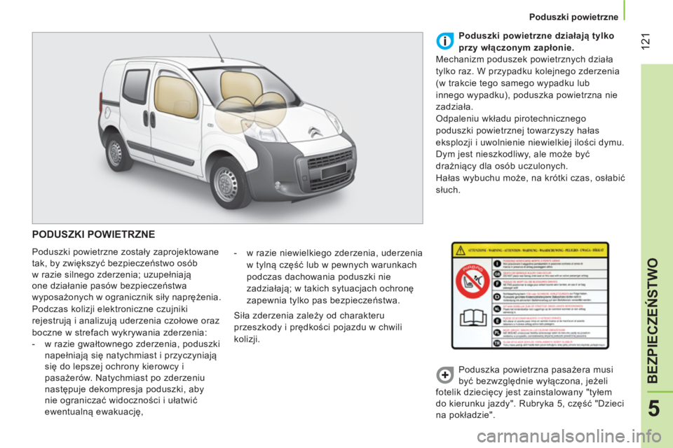 CITROEN NEMO 2014  Instrukcja obsługi (in Polish)  121
5
BEZPIECZEŃSTWO
 
 
 
Poduszki powietrzne  
 
 
PODUSZKI POWIETRZNE 
 
Poduszki powietrzne zostały zaprojektowane 
tak, by zwiększyć bezpieczeństwo osób 
w razie silnego zderzenia; uzupeł