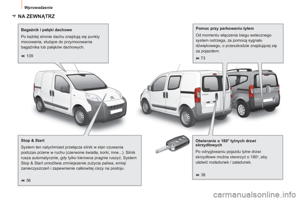 CITROEN NEMO 2014  Instrukcja obsługi (in Polish)  4
 
Wprowadzenie 
 
NA ZEWNĄTRZ  
 
 
Bagażnik i pałąki dachowe 
  Po każdej stronie dachu znajdują się punkty 
mocowania, służące do przymocowania 
bagażnika lub pałąków dachowych.  
 