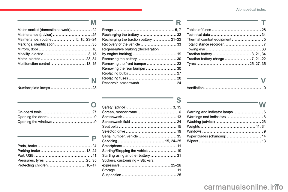 CITROEN AMI 2023  Owners Manual 37
Alphabetical index
M
Mains socket (domestic network)    22
Maintenance (advice)     25
Maintenance, routine     5, 15, 23–24
Markings, identification     35
Mirrors, door 

   
10
Mobility

, ele