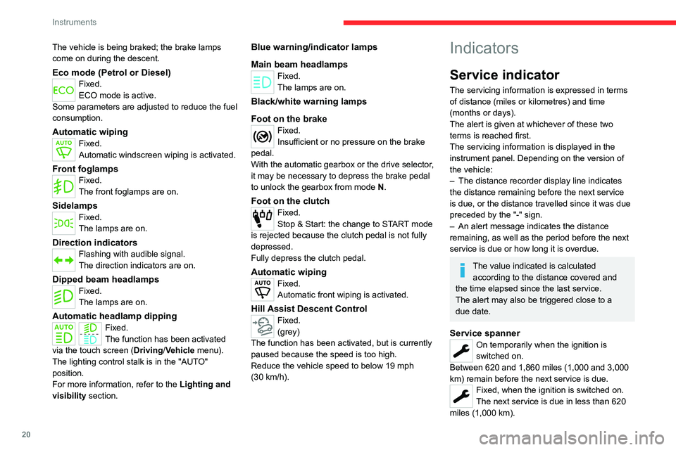 CITROEN BERLINGO 2023  Owners Manual 20
Instruments
The vehicle is being braked; the brake lamps 
come on during the descent.
Eco mode (Petrol or Diesel)Fixed.
ECO mode is active.
Some parameters are adjusted to reduce the fuel 
consumpt