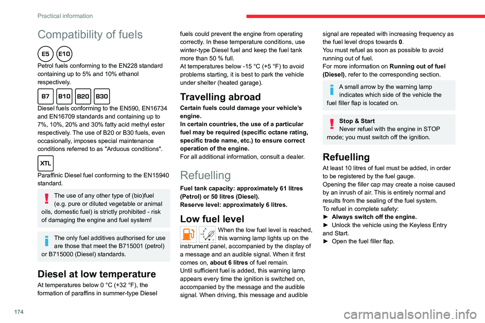 CITROEN BERLINGO VAN 2023 Owners Manual 174
Practical information
Compatibility of fuels
Petrol fuels conforming to the EN228 standard
containing up to 5% and 10% ethanol
respectively.
Diesel fuels conforming to the EN590, EN16734
a CITROEN BERLINGO VAN 2023 Owners Manual 174
Practical information
Compatibility of fuels
Petrol fuels conforming to the EN228 standard
containing up to 5% and 10% ethanol
respectively.
Diesel fuels conforming to the EN590, EN16734
a