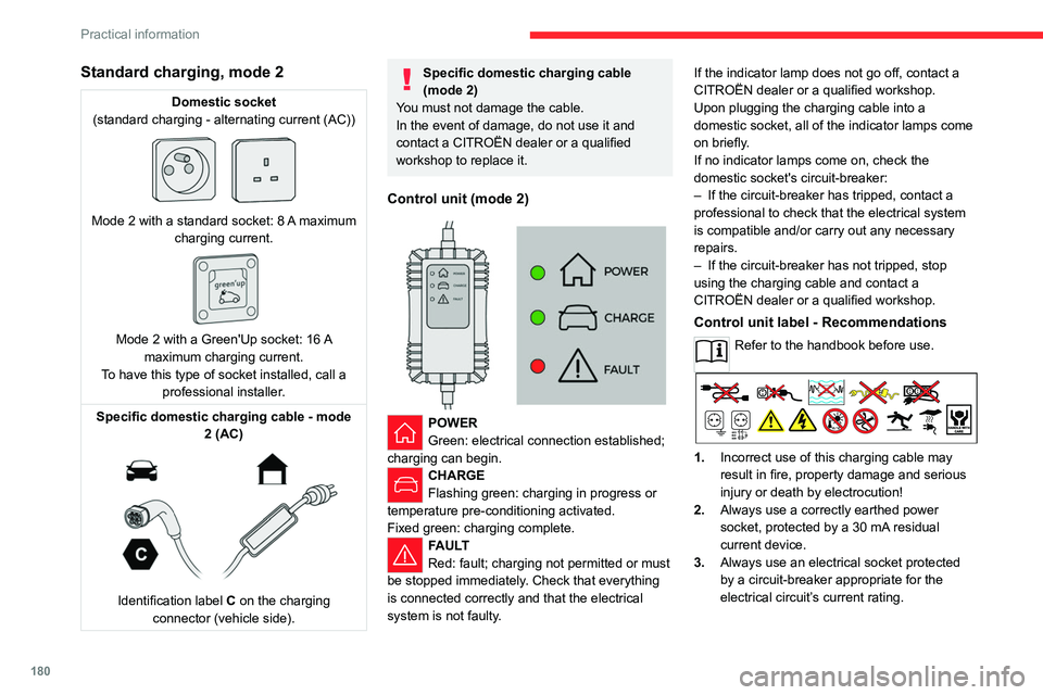 CITROEN BERLINGO VAN 2023  Owners Manual 180
Practical information
Standard charging, mode 2
Domestic socket
(standard charging - alternating current (AC))
 
 
Mode 2 with a standard socket: 8 A  maximum 
charging current.
 
 
Mode 2 with a 