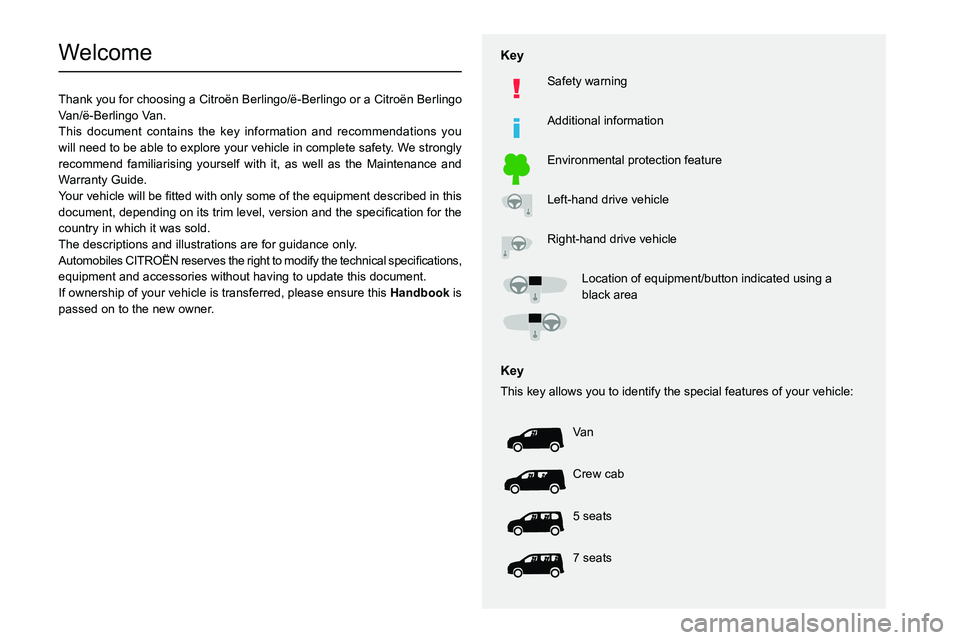 CITROEN BERLINGO VAN 2023  Owners Manual   
 
 
 
 
 
  
  
  
  
   
   
 
  
 
  
 
  
 
  
Welcome
Thank you for choosing a Citroën Berlingo/ë-Berlingo or a Citroën Berlingo 
V an/ë-Berlingo Van.
This document contains the key informa