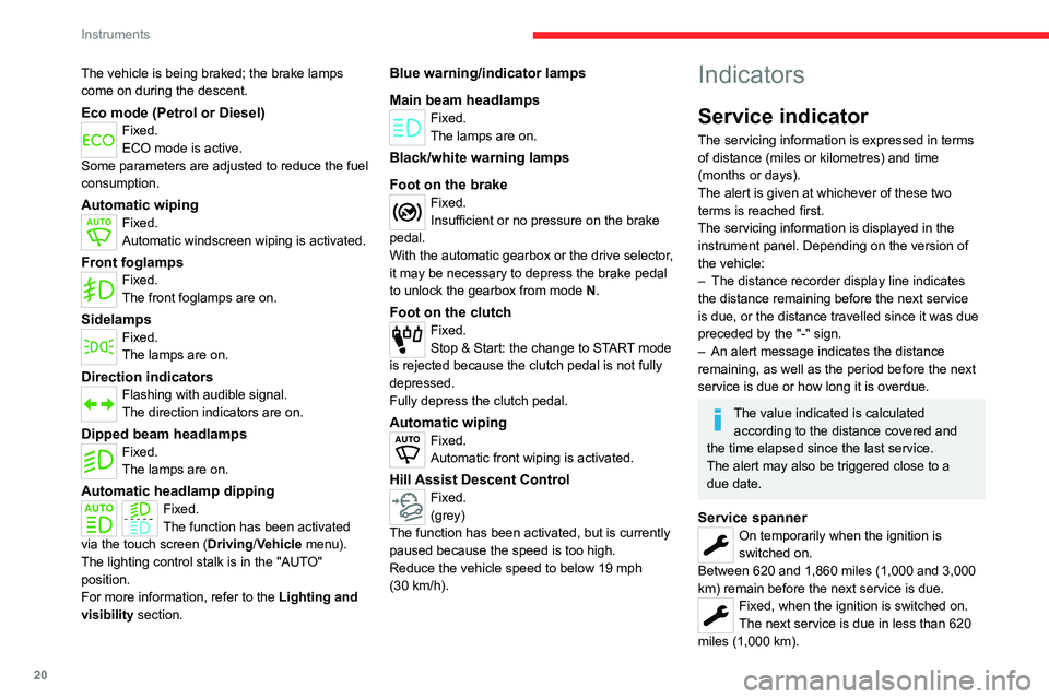 CITROEN BERLINGO VAN 2023  Owners Manual 20
Instruments
The vehicle is being braked; the brake lamps 
come on during the descent.
Eco mode (Petrol or Diesel)Fixed.
ECO mode is active.
Some parameters are adjusted to reduce the fuel 
consumpt