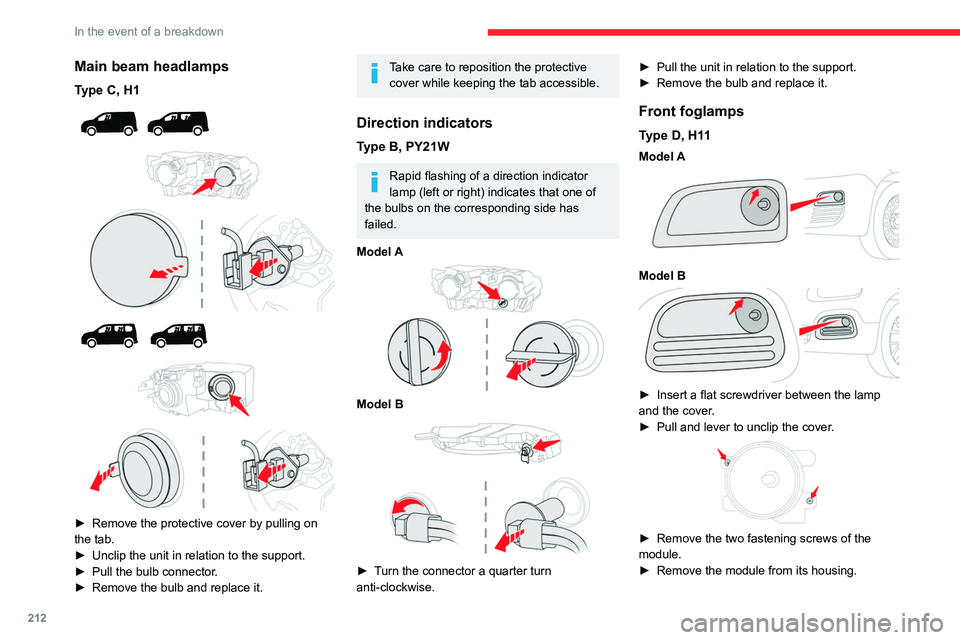 CITROEN BERLINGO VAN 2023  Owners Manual 212
In the event of a breakdown
Main beam headlamps
Type C, H1 
 
 
 
 
 
 
 
► Remove the protective cover by pulling on 
the tab.
►
 
Unclip the unit in relation to the support.
►

 
Pull the 