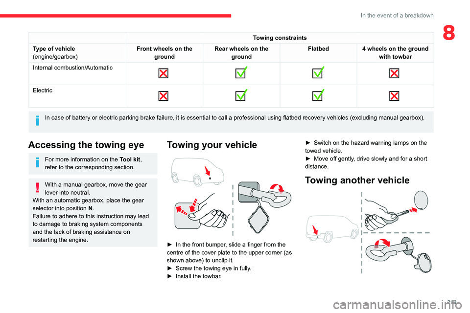 CITROEN BERLINGO VAN 2023 Owners Manual 219
In the event of a breakdown
8Towing constraints
Type of vehicle
(engine/gearbox) Front wheels on the
ground Rear wheels on the
ground Flatbed
4 wheels on the ground
with towbar
Internal combust CITROEN BERLINGO VAN 2023 Owners Manual 219
In the event of a breakdown
8Towing constraints
Type of vehicle
(engine/gearbox) Front wheels on the
ground Rear wheels on the
ground Flatbed
4 wheels on the ground
with towbar
Internal combust