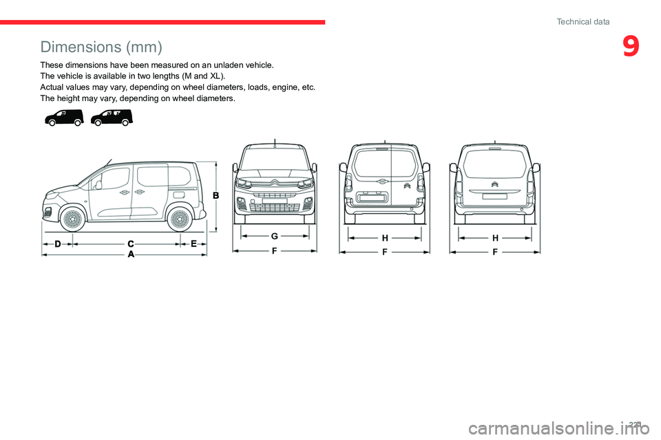 CITROEN BERLINGO VAN 2023  Owners Manual 221
Technical data
9Dimensions (mm)
These dimensions have been measured on an unladen vehicle.The vehicle is available in two lengths (M   and   XL).
Actual values may vary, depending on wheel diamete