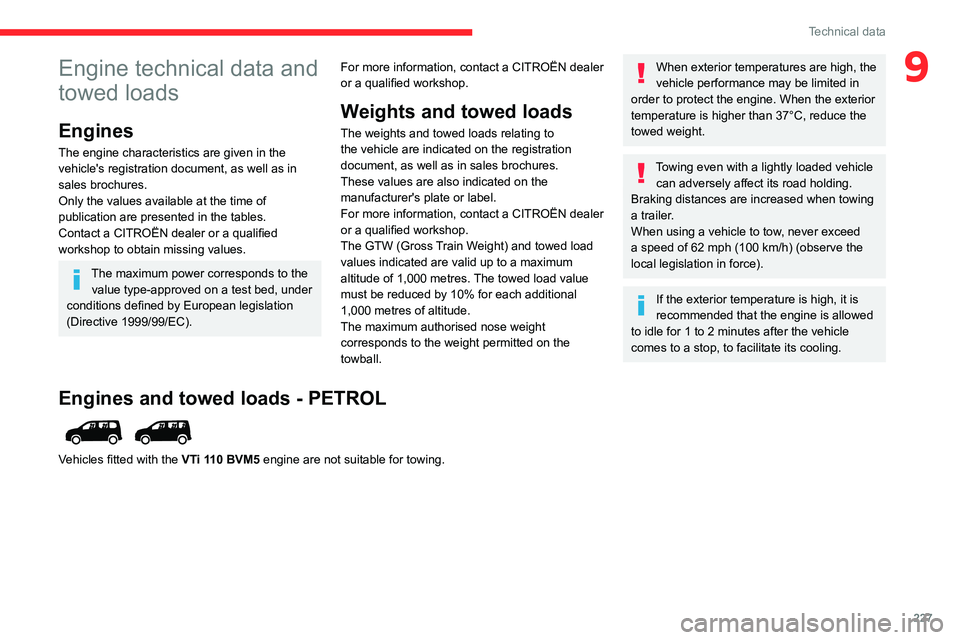 CITROEN BERLINGO VAN 2023 Owners Manual 227
Technical data
9Engine technical data and
towed loads
Engines
The engine characteristics are given in the
vehicle's registration document, as well as in
sales brochures.
Only the values ava CITROEN BERLINGO VAN 2023 Owners Manual 227
Technical data
9Engine technical data and
towed loads
Engines
The engine characteristics are given in the
vehicle's registration document, as well as in
sales brochures.
Only the values ava