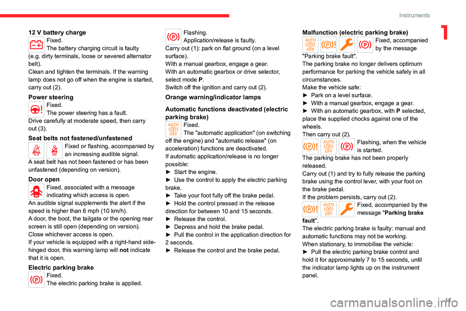 CITROEN BERLINGO VAN 2022  Owners Manual 15
Instruments
112 V battery chargeFixed.
The battery charging circuit is faulty 
(e.g.
 
dirty terminals, loose or severed alternator 
belt).
Clean and tighten the terminals. If the warning 
lamp doe