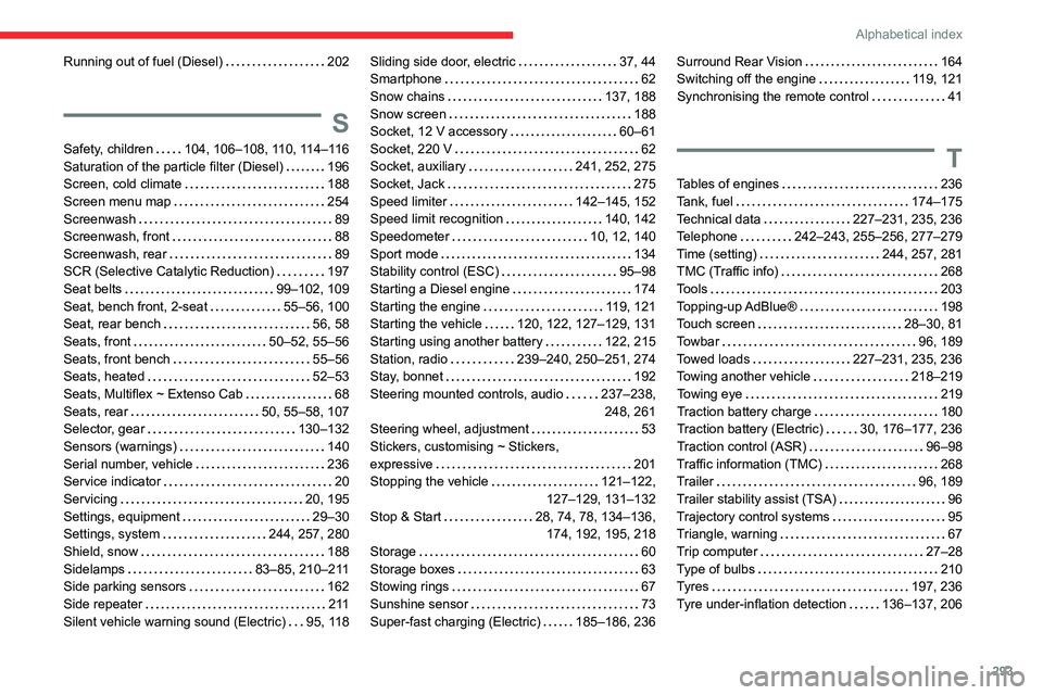 CITROEN BERLINGO VAN 2022 Owners Manual 293
Alphabetical index
Running out of fuel (Diesel)     202
S
Safety, children    104, 106–108, 110, 114–116
Saturation of the particle filter (Diesel)     
196
Screen, cold climate
    
188
Scree