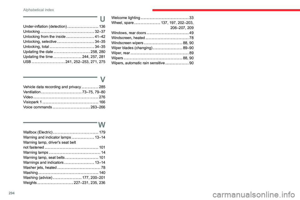 CITROEN BERLINGO VAN 2022  Owners Manual 294
Alphabetical index
U
Under-inflation (detection)     136
Unlocking     
32–37
Unlocking from the inside
    
41–42
Unlocking, selective
    
34–35
Unlocking, total
    
34–35
Updating the 