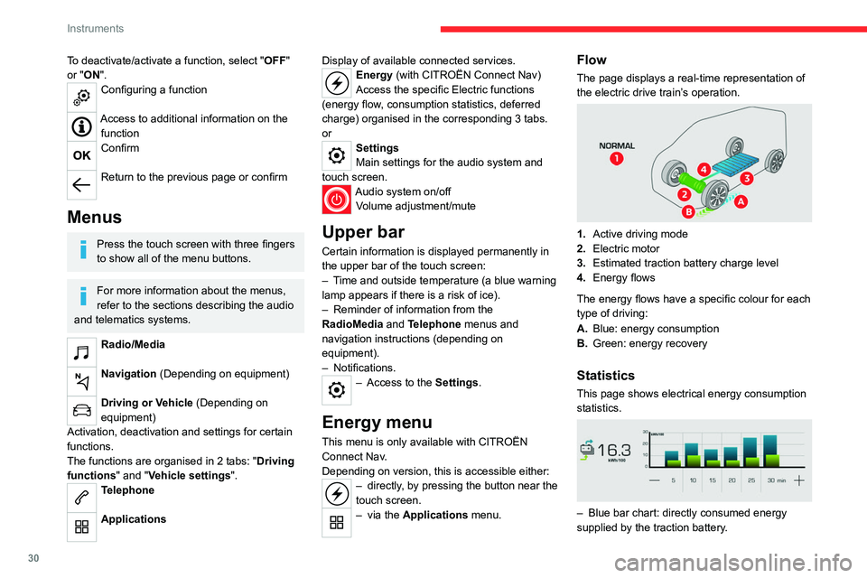 CITROEN BERLINGO VAN 2022  Owners Manual 30
Instruments
To deactivate/activate a function, select "OFF" 
or "ON".
Configuring a function 
Access to additional information on the  function
Confirm 
Return to the previous page 