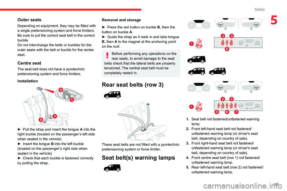 CITROEN BERLINGO VAN 2019 Owners Manual 101
Safety
5Outer seats
Depending on equipment, they may be fitted with
a single pretensioning system and force limiters.
Be sure to put the correct seat belt in the correct
buckle.
Do not interchan CITROEN BERLINGO VAN 2019 Owners Manual 101
Safety
5Outer seats
Depending on equipment, they may be fitted with
a single pretensioning system and force limiters.
Be sure to put the correct seat belt in the correct
buckle.
Do not interchan
