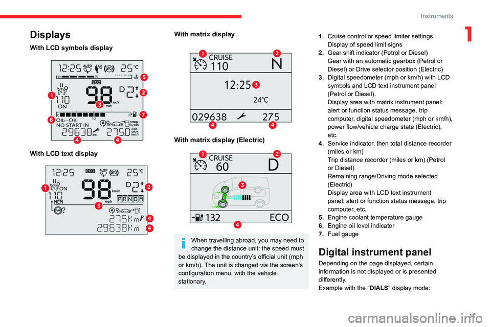 CITROEN BERLINGO VAN 2018 Owners Manual 11
Instruments
1Displays
With LCD symbols display
With LCD text display
With matrix display
With matrix display (Electric)
When travelling abroad, you may need to
change the distance uni CITROEN BERLINGO VAN 2018 Owners Manual 11
Instruments
1Displays
With LCD symbols display
With LCD text display
With matrix display
With matrix display (Electric)
When travelling abroad, you may need to
change the distance uni