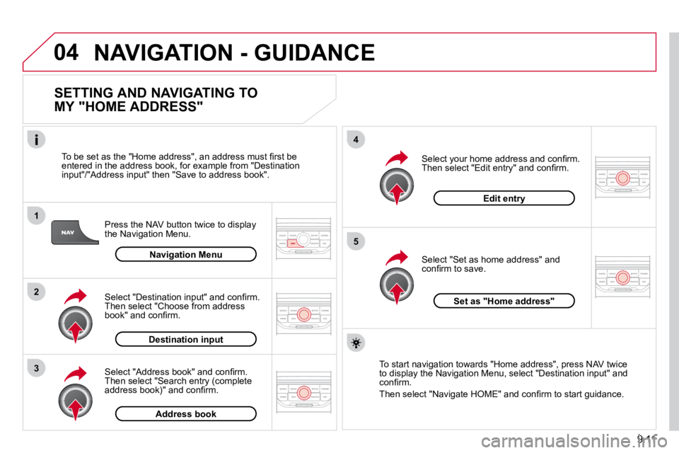 CITROEN BERLINGO VAN 2008  Owners Manual 04
1
2
3
5
4
�9�.�1�1
NAVIGATION - GUIDANCE
  SETTING AND NAVIGATING TO  
MY "HOME ADDRESS" 
� � �P�r�e�s�s� �t�h�e� �N�A�V� �b�u�t�t�o�n� �t�w�i�c�e� �t�o� �d�i�s�p�l�a�y� �t�h�e� �N�a�v�i�g�a�t�i�o�