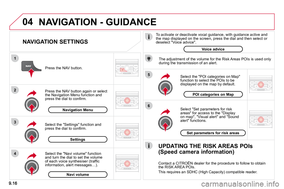 CITROEN BERLINGO VAN 2008  Owners Manual 04
5 
6
3
2
1
4
  NAVIGATION SETTINGS 
� � �S�e�l�e�c�t� �"�S�e�t� �p�a�r�a�m�e�t�e�r�s� �f�o�r� �r�i�s�k� �a�r�e�a�s�"� �f�o�r� �a�c�c�e�s�s� �t�o� �t�h�e� �"�D�i�s�p�l�a�y� �o�n� �m�a�p�