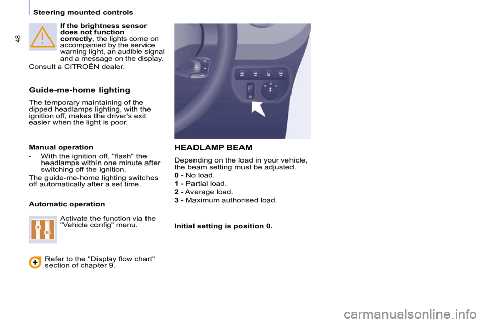 CITROEN BERLINGO VAN 2008 Service Manual 48
   Steering mounted controls      
If the brightness sensor  
does not function 
correctly � �,� �t�h�e� �l�i�g�h�t�s� �c�o�m�e� �o�n� 
�a�c�c�o�m�p�a�n�i�e�d� �b�y� �t�h�e� �s�e�r�v�i�c�e� 
�w�a�r