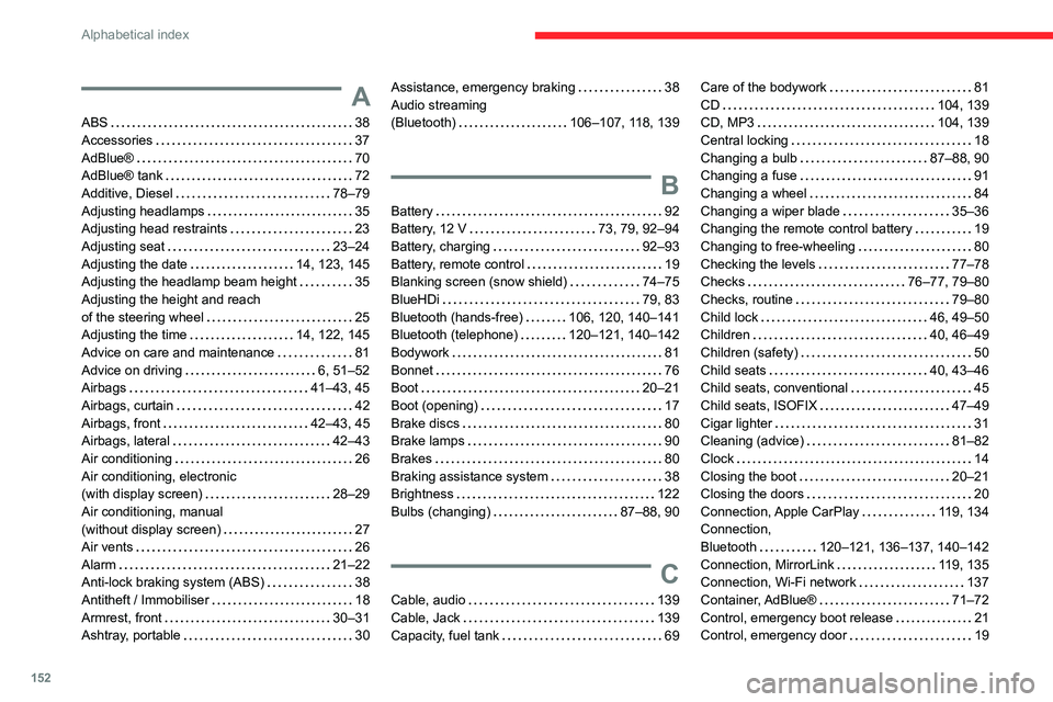 CITROEN C-ELYSÉE 2023 Owners Manual 152
Alphabetical index
A
ABS 38
Accessories
37
AdBlue®
70
AdBlue® tank
72
Additive, Diesel
78–79
Adjusting headlamps
35
Adjusting head restraints
23
Adjusting seat CITROEN C-ELYSÉE 2023 Owners Manual 152
Alphabetical index
A
ABS 38
Accessories
37
AdBlue®
70
AdBlue® tank
72
Additive, Diesel
78–79
Adjusting headlamps
35
Adjusting head restraints
23
Adjusting seat