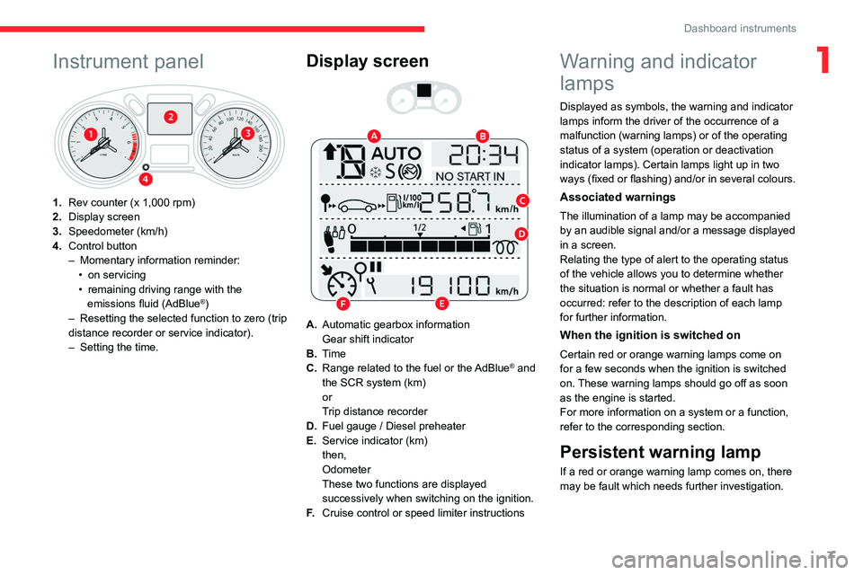 CITROEN C-ELYSÉE 2023  Owners Manual 7
Dashboard instruments
1Instrument panel 
 
1.Rev counter (x 1,000 rpm)
2. Display screen
3. Speedometer (km/h)
4. Control button
–
 
Momentary information reminder:
•

 
on servicing
•

 
rema