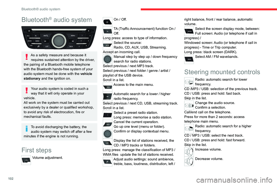 CITROEN C-ELYSÉE 2021 Owners Manual 102
Bluetooth® audio system
Bluetooth® audio system
As a safety measure and because it requires sustained attention by the driver,
the pairing of a Bluetooth mobile telephone
with the Bluetooth CITROEN C-ELYSÉE 2021 Owners Manual 102
Bluetooth® audio system
Bluetooth® audio system
As a safety measure and because it requires sustained attention by the driver,
the pairing of a Bluetooth mobile telephone
with the Bluetooth