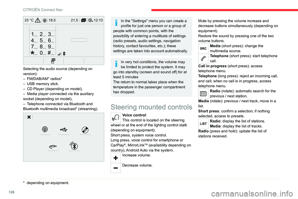 CITROEN C-ELYSÉE 2021 Owners Manual 126
CITROËN Connect Nav
12:13
18,5 21,5
23 °C
Selecting the audio source (depending on
version):
–
FM/DAB/AM* radios*
–
USB memory stick.
–
CD Player (depending on model).
–
Me CITROEN C-ELYSÉE 2021 Owners Manual 126
CITROËN Connect Nav
12:13
18,5 21,5
23 °C
Selecting the audio source (depending on
version):
–
FM/DAB/AM* radios*
–
USB memory stick.
–
CD Player (depending on model).
–
Me