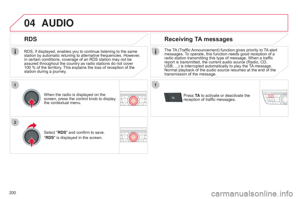 CITROEN C-ELYSÉE 2017 Service Manual 04
TA
200
C-elysee_en_Chap12a_RD5(RD45)_ed01-2016
RDS, if displayed, enables you to continue listening to the same station by automatic retuning to alternative frequencies. CITROEN C-ELYSÉE 2017 Service Manual 04
TA
200
C-elysee_en_Chap12a_RD5(RD45)_ed01-2016
RDS, if displayed, enables you to continue listening to the same station by automatic retuning to alternative frequencies.