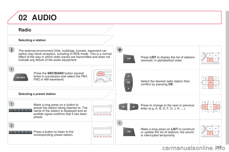 CITROEN C-ELYSÉE 2017 Repair Manual 02
229
C-elysee_en_Chap12b_RDE1_ed01-2016
AUDIO
Press the SRC/BAND button several
times  in  succession  and  select  the  FM1, Â
FM2
 or Â
AM
 waveband.
Press a button to listen CITROEN C-ELYSÉE 2017 Repair Manual 02
229
C-elysee_en_Chap12b_RDE1_ed01-2016
AUDIO
Press the SRC/BAND button several
times  in  succession  and  select  the  FM1, Â
FM2
 or Â
AM
 waveband.
Press a button to listen
