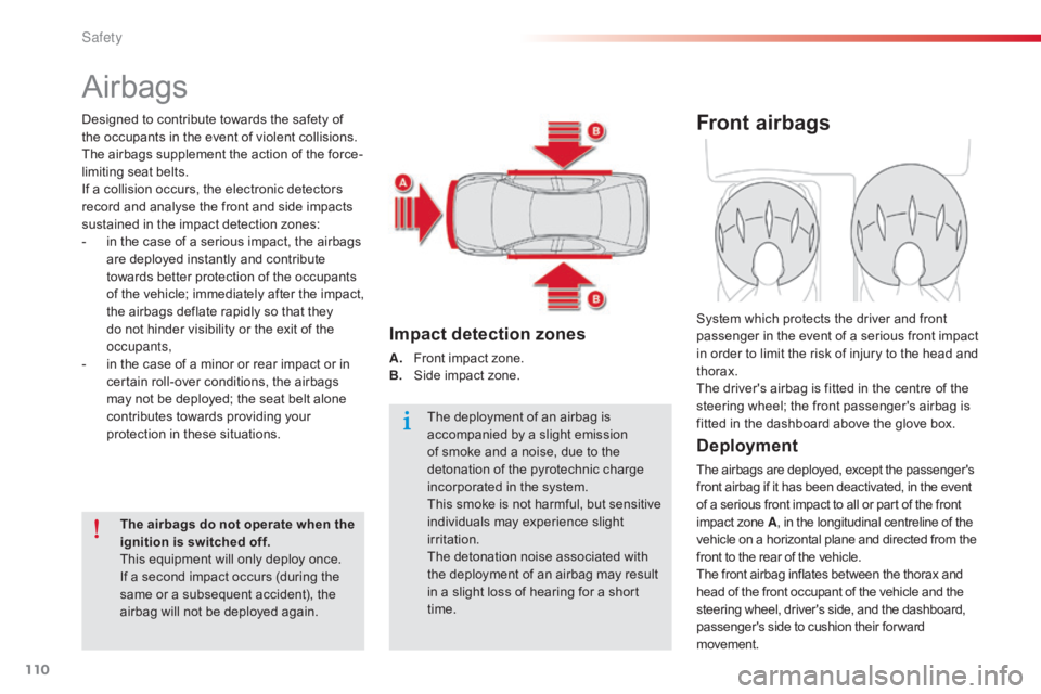 CITROEN C-ELYSÉE 2016  Owners Manual 110
C-elysee_en_Chap07_securite_ed01-2016
Airbags
Designed to contribute towards the safety of the   occupants   in   the   event   of   violent   collisions.  
T

he   airbags   supp