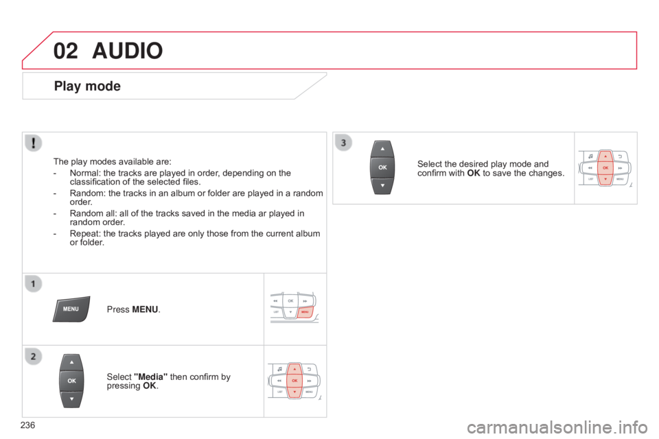 CITROEN C-ELYSÉE 2016 Owners Manual 02
236
C-elysee_en_Chap12b_RDE1_ed01-2016
AUDIO
Play mode
The play modes available are:
-
Normal:
the tracks are played in order, depending on the
classification
CITROEN C-ELYSÉE 2016 Owners Manual 02
236
C-elysee_en_Chap12b_RDE1_ed01-2016
AUDIO
Play mode
The play modes available are:
-
Normal:
the tracks are played in order, depending on the
classification