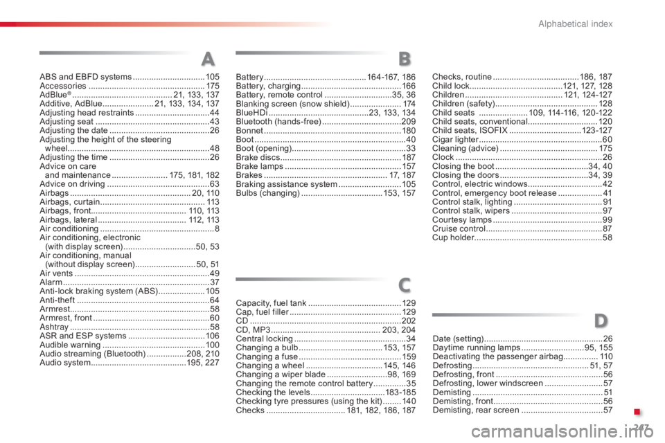 CITROEN C-ELYSÉE 2016  Owners Manual 247
C-elysee_en_Chap14_index-alpha_ed01-2016
ABS and EBFD systems ...............................10 5
Accessories .............................. ....................175
AdBlue
® ...............