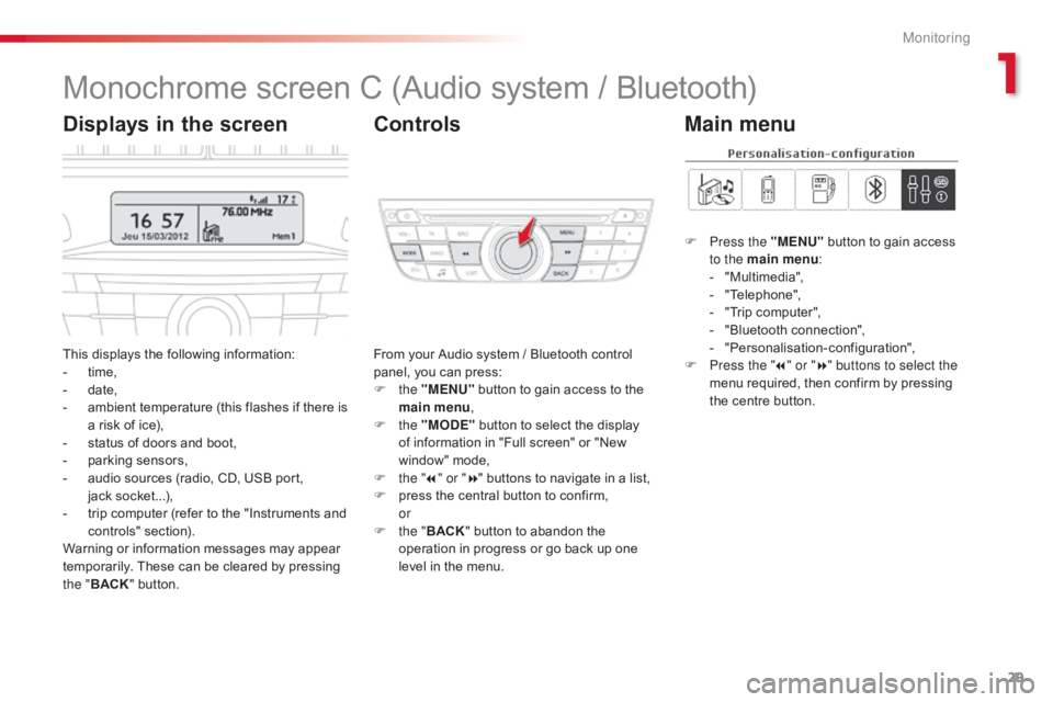 CITROEN C-ELYSÉE 2016 Owners Manual 29
C-elysee_en_Chap01_controle-de-marche_ed01-2016
C-elysee_en_Chap01_controle-de-marche_ed01-2016
Monochrome screen C (Audio system / Bluetooth)
This displays the following information:
-  CITROEN C-ELYSÉE 2016 Owners Manual 29
C-elysee_en_Chap01_controle-de-marche_ed01-2016
C-elysee_en_Chap01_controle-de-marche_ed01-2016
Monochrome screen C (Audio system / Bluetooth)
This displays the following information:
- Â