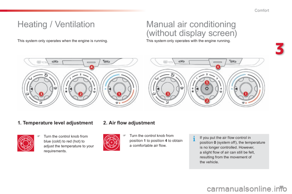 CITROEN C-ELYSÉE 2016  Owners Manual 51
C-elysee_en_Chap03_confort_ed01-2016
1. Temperature level adjustment
F Turn  the   control   knob   from  b
lue   (cold)   to   red   (hot)   to  
a

djust   the   temperature   to �