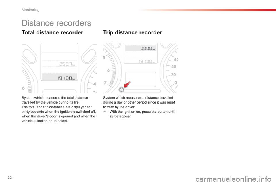 CITROEN C-ELYSÉE 2015 Owners Manual 22
System which measures the total distance
travelled by the vehicle during its life.
The total and trip distances are displayed for
thirty seconds when the ignition is switched off,
when the drive CITROEN C-ELYSÉE 2015 Owners Manual 22
System which measures the total distance
travelled by the vehicle during its life.
The total and trip distances are displayed for
thirty seconds when the ignition is switched off,
when the drive