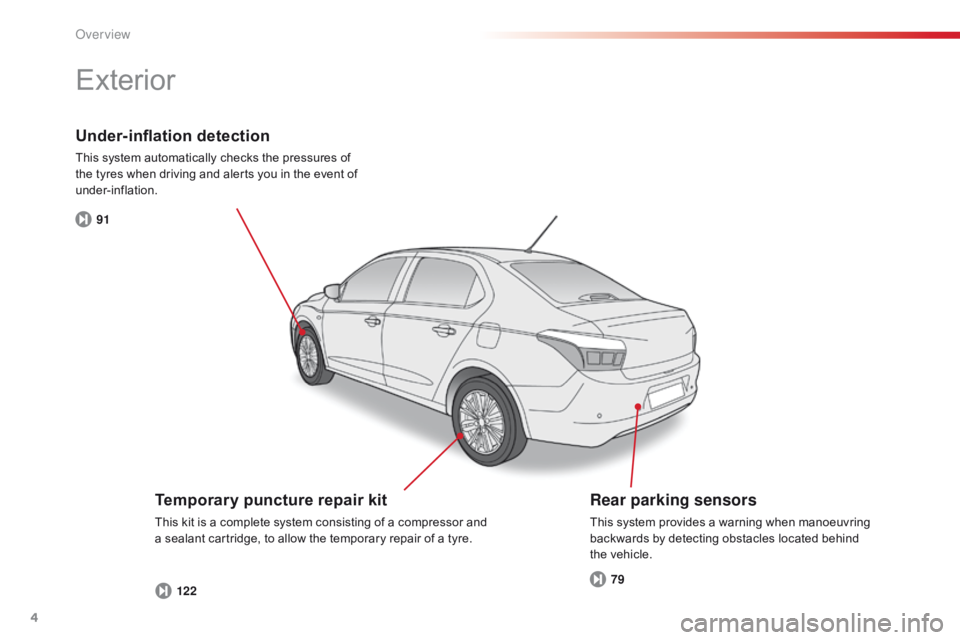 CITROEN C-ELYSÉE 2015  Owners Manual 4
C-Elysee_en_Chap00b_vue-ensemble_ed01-2014
91122 79
Under-inflation detection
This system automatically checks the pressures of 
the tyres when driving and alerts you in the event of 
under-inflatio