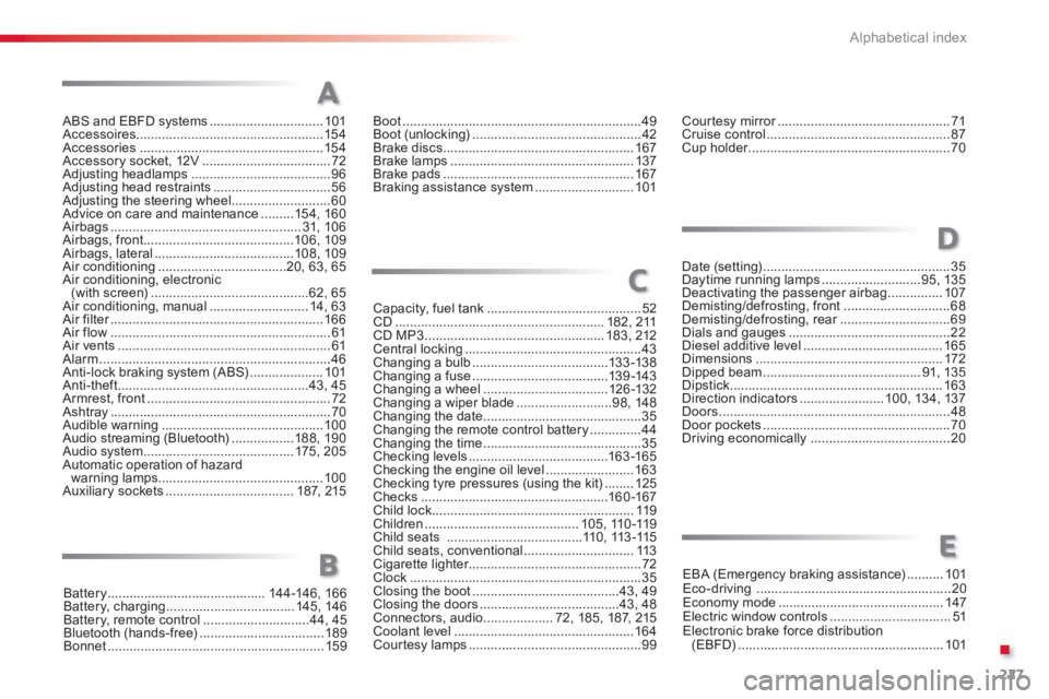 CITROEN C-ELYSÉE 2012  Owners Manual .
227
Alphabetical index
ABS and EBFD systems ...............................101Accessoires...................................................154Accessories............................................