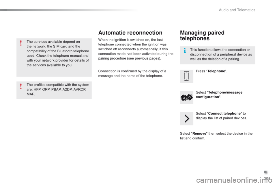 CITROEN C1 2022 Service Manual 205
C1_en_Chap10a_ Autoradio-Toyota-tactile-1_ed01-2016
The services available depend on the   network,   the   SIM   card   and   the  
c

ompatibility   of   the   Bluetooth   teleph