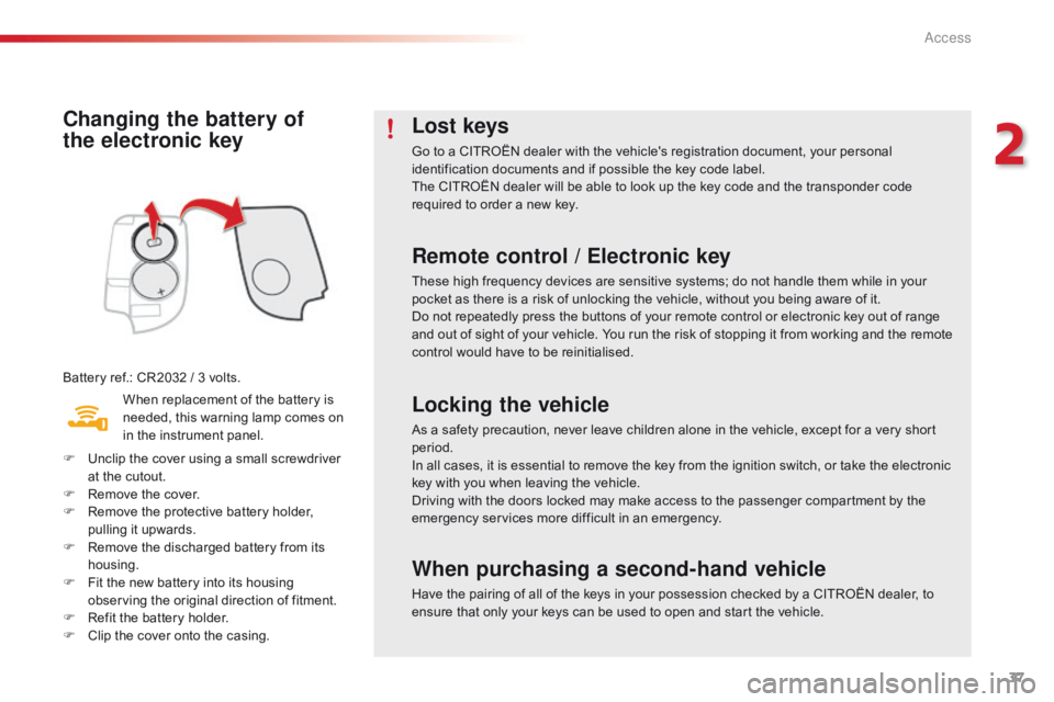 CITROEN C1 2022  Owners Manual 37
C1_en_Chap02_ouvertures_ed01-2016
Changing the battery of 
the  electronic key
Battery ref.: CR2032 / 3 volts.
W hen   replacement   of   the   battery   is  
n

eeded,   this   warnin
