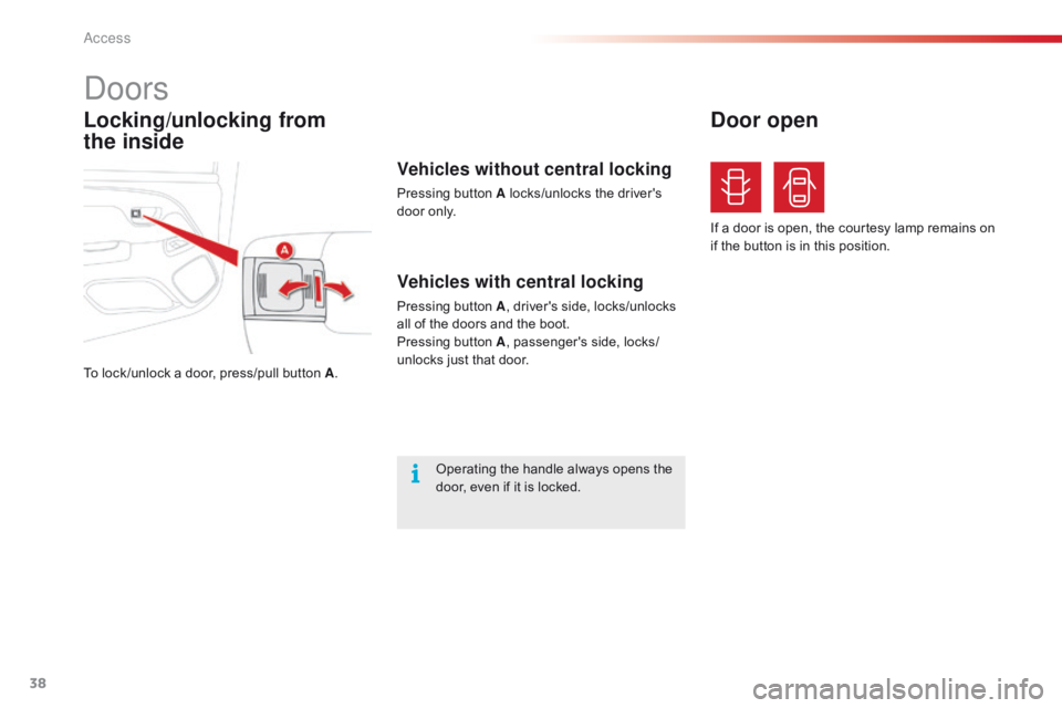 CITROEN C1 2022 Owners Guide 38
C1_en_Chap02_ouvertures_ed01-2016
Locking/unlocking from  
the inside
Doors
To lock /unlock a door, press/pull button A.
Vehicles with central locking
Pressing button A,   driver's   