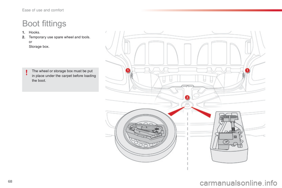 CITROEN C1 2022  Owners Manual 68
C1_en_Chap03_ergonomie-confort_ed01-2016
Boot fittings
1. Hooks.
2. Temporary   use   spare   wheel   and   tools.
 

or
 St

orage
 b
 ox.
The
  wheel   or   storage   box   must  