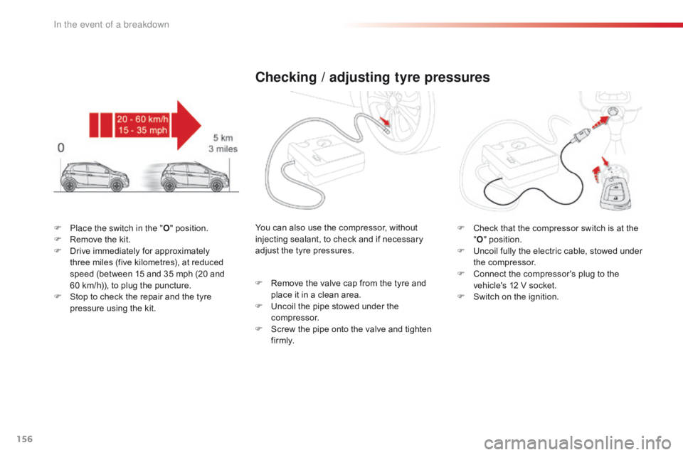 CITROEN C1 2021  Owners Manual 156
C1_en_Chap08_en-cas-pannes_ed01-2016
F Place the switch in the "O"   position.
F  R emove   the   kit.
F
 
D
 rive   immediately   for   approximately  
t

hree   miles   (five 