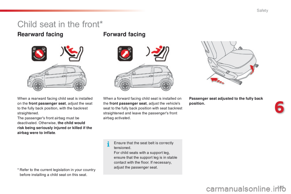 CITROEN C1 2020 User Guide 125
C1_en_Chap06_securite_ed01-2016
Child seat in the front*
Rearward facingForward facing
Passenger seat adjusted to the fully back 
position.
Ensure that the seat belt is correctly 
tensioned.
F